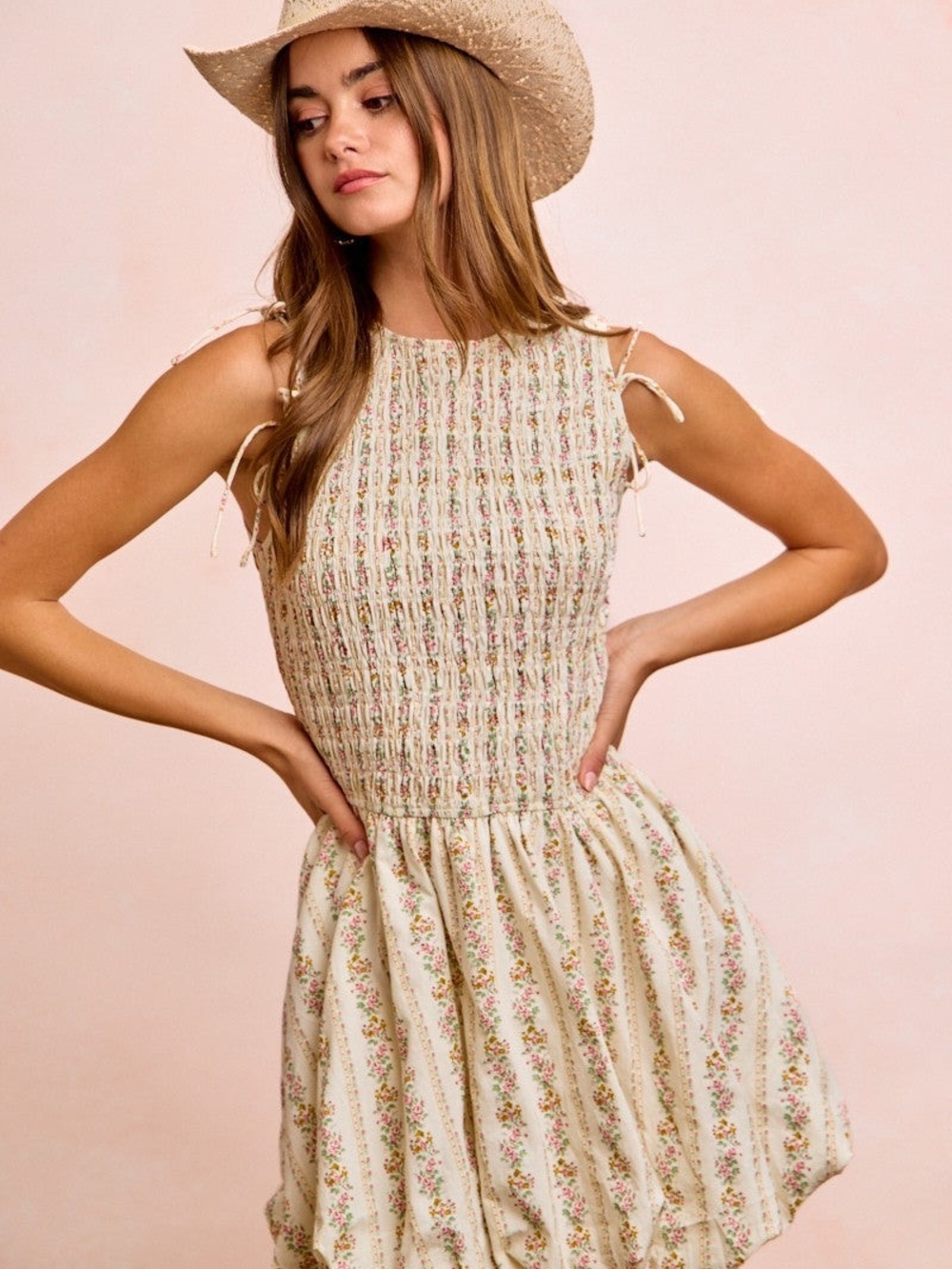 BiBi Floral Bow Tie Attachable Puff Sleeves Dress